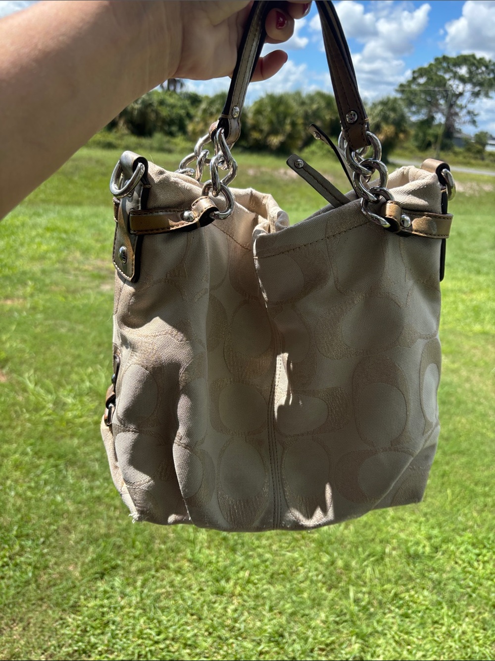 Coach Khaki Signature Canvas Shoulder Bag with Brown Leather Trim